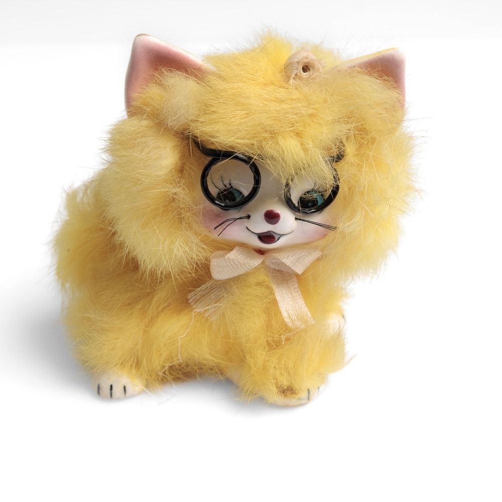 Vintage 1950s Real Fur Yellow Cat Figurine Mid-Century 4" Tall